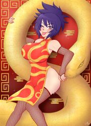 1animal 1girls ass big_ass big_breasts blush breast_focus breasts bridal_gauntlets brown_eyes china_dress chinese_clothes clothing dress dress_lift female fishnets front_view full_body giant_snake huge_ass huge_breasts large_breasts lifted_by_self light-skinned_female light_skin looking_at_viewer makeup mature mature_female maxyart mitarashi_anko naruto naruto_(series) no_bra no_panties one_eye_closed pelvic_curtain pelvic_line pinup plump presenting purple_hair revealing_clothes sagging_breasts skimpy skimpy_clothes snake stockings tongue tongue_out underass voluptuous voluptuous_female wink year_of_the_snake