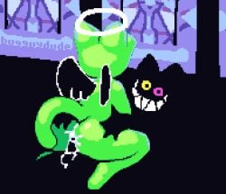 2025 ambiguous_gender ambiguous_penetrated anal anal_sex angel anthro anthro_on_anthro artist_name ass balls big_butt bodily_fluids bugguydude cowgirl_position cum cum_in_ass cum_inside cum_on_balls cum_on_penis deltarune digital_media_(artwork) duo feathered_wings feathers felid feline friend_(deltarune) from_front_position genital_fluids genitals green_body grin halo heterochromia hi_res looking_at_viewer lying male male/ambiguous mammal negative_space on_back on_bottom on_top penetration penis pixel_(artwork) sex shadow_face smile tail text undertale_(series) wings