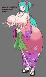 2d blue_hair blush breasts clothing embarrassed english_text female female_only huge_breasts kozuki_hiyori lactating lactation long_hair massive_breasts milk nipple_slip nipples one_piece piratebay shiny_skin
