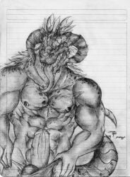 2013 abs anthro crazydrak dated dragon erection foreskin front_view genitals hi_res humanoid_genitalia humanoid_penis looking_at_viewer male monochrome muscular muscular_anthro muscular_male mythological_creature mythological_scalie mythology nipples open_mouth pecs penis penis_poking_out scalie signature simple_background solo tongue tongue_out traditional_media_(artwork) uncircumcised