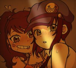 2girls akekitayuri caught caught_in_the_act embarrassed female female_focus female_only human human_female human_only kiss_mark kissing kujikawa_rise light-skinned_female light_skin marie_(persona_4) persona persona_4 rise_kujikawa sweatdrop twitter_link yuri