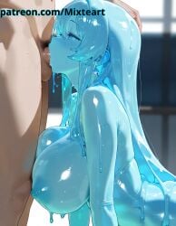 1boy 1girls ai_generated big_breasts blue_body blue_eyes blue_hair blue_skin blush breasts breasts_bigger_than_head cute cute_face deepthroat dominant_male fellatio female female_focus girl highres horny horny_female huge_breasts human interspecies large_breasts leaning leaning_forward male male/female mature_female mixteart monster_girl nipples patreon penis penis_in_mouth pleasure_face simple_background slime slime_(substance) slime_girl slime_monster sweat sweatdrop sweating sweaty thick thick_female watermark