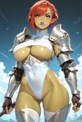 ai_generated areola areola_bulge areola_slip areolae areolae_slip armor big_lips blue_eyes female female_focus female_knight female_only freckles freckles_on_face holding_weapon mascara mozag_(rodinsinker) navel nipples_visible_through_clothing orc orc_female original_character panties puffy_pussy red_hair rodinsinker solo solo_female
