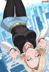 ai_generated android_18 belt belt_buckle blonde_hair blue_eyes blue_skirt blush breasts city_background cute cute_face dragon_ball dragon_ball_super dragon_ball_z eyelashes falling female flying front_view glowing_eyes happy heart legs_up looking_at_viewer outdoors robot_girl robot_joints shirt sky smile spur//. striped_sleeves upside-down