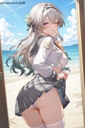 ai_generated ass ass_focus black_hairband blush bow bowtie breasts firefly_(honkai:_star_rail) firefly_(spring_missive)_(honkai:_star_rail) gradient_hair green_bow green_bowtie grey_hair grey_sailor_collar grey_skirt hair_between_eyes hair_ornament hairband highres honkai:_star_rail honkai_(series) hoyoverse large_breasts lifted_shirt long_hair looking_at_viewer luka45 mihoyo miniskirt multicolored_eyes multicolored_hair official_alternate_costume patreon patreon_reward patreon_url patreon_username plaid_skirt purple_eyes sailor_collar school_uniform serafuku shirt skirt smile white_bra white_panties white_shirt white_thighhighs