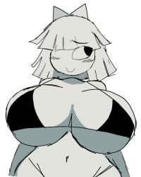 1female 1girls big_breasts bikini bikini_top blush blush_lines breasts_bigger_than_head claire_(fundamental_paper_education) female_only fundamental_paper_education looking_away momiji_(artist) white_background white_hair white_skin