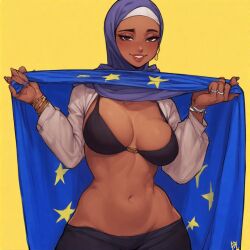 1girls ai_generated dark-skinned_female dark_skin european_union female hijab hijabi human looking_at_viewer smile solo solo_female solo_focus