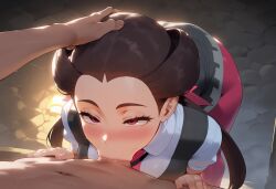 1boy 1boy1girl 1girls ai_generated bent_over breasts brown_hair clothed collared_shirt deepthroat dress fellatio female female_focus gamefreak hand_on_head indoors leggings light-skinned male nintendo nude_male oral oral_sex periph pokemon pokemon_oras red_legwear roxanne_(pokemon) skirt tights