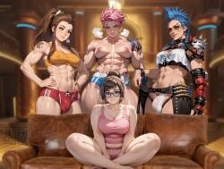 1girl3futas 1girls 3futas abs ai_assisted ai_generated blue_hair brigitte_lindholm brown_hair bulge_through_clothing bulge_under_clothes chubby_female couch female imminent_sex junker_queen mei_(overwatch) mohawk muscular muscular_female muscular_futanari overwatch pink_hair piper_perri_surrounded tattoo thabiggpaybacc zarya