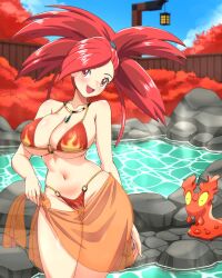 alternate_costume ass_visible_through_thighs bare_arms bare_belly bare_shoulders belly_button big_breasts bikini blush body_blush breasts cleavage collarbone female flannery_(pokemon) hot_spring long_hair necklace onsen open_mouth outdoors pokemon red_bikini red_eyes red_hair sarong see-through_sarong slugma smile standing thick_thighs thighs underboob water zuchysdraws