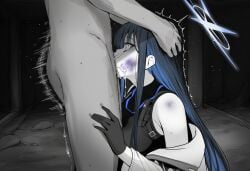 against_wall ai_generated alley artizenn back_against_wall blue_archive blue_hair bottomless clothed_female_nude_male cum cum_in_pussy cum_inside deepthroat defeated facefuck from_side greyscale halo head_grab irrumatio pubic_hair rape saori_(blue_archive) scared stray_pubic_hair text throat_fuck