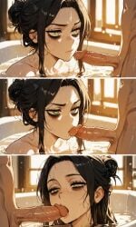 1boy 1girls ai_generated bath bathroom big_penis black_hair green_eyes imminent_oral nude oral_sex reneenjoyer wet