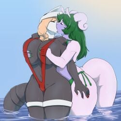 2021 2girls 6my aggron bikini blonde_hair braided_hair breasts cleavage closed_eyes female female_only furry garlyn_lynn goodra grabbing_breasts grabbing_breasts_from_behind grabbing_from_behind green_bikini green_hair green_nails grey_body grey_skin kissing lesbian_kiss long_hair nintendo olivia_dusset original original_character original_characters outdoors painted_fingernails painted_nails pokemon pokemon_(species) purple_body purple_skin red_bikini red_nails sling_bikini swimsuit thick_thighs thighs tied_hair water white_skin yuri