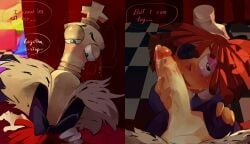 1boy 1girls 2026 blush button_eye chess_piece dialogue doll_girl fellatio glitch_productions gooseworx kinger kinger_(tadc) kinger_(the_amazing_digital_circus) kissing_penis oral_sex penis ragatha ragatha_(tadc) ragatha_(the_amazing_digital_circus) ragdoll stroking_penis sweat tagme tagme_(artist) the_amazing_digital_circus