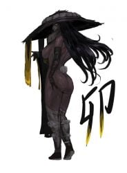 bandage bandaged_arm bandaged_face bandaged_leg black_hair black_skin bunny_tail covering_breasts lifting_ass limbus_company long_hair project_moon scarf yellow_eyes zilu_(limbus_company)