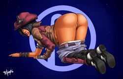 1girls all_fours anus ass black_hair boots borderlands borderlands_the_presequel cowboy_hat dark-skinned_female dark_skin female hat inviting jacket nisha_(borderlands) pants_down pussy radprofile short_hair solo yellow_eyes