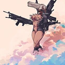 background bones breasts breasts_out chainsaw_man clouds demon demon_girl devil devil_girl female female_focus female_only floating flying gun gun_devil_(chainsaw_man) guns naked naked_female open_mouth redstarnsfw rule_63 tagme tagme_(artist) thighs tongue tongue_out