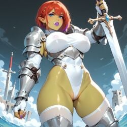 ai_generated areola areola_bulge areola_slip areolae areolae_slip armor big_lips blue_eyes female female_focus female_knight female_only freckles freckles_on_face holding_weapon mascara mozag_(rodinsinker) navel nipples_visible_through_clothing orc orc_female original_character panties puffy_pussy pussy_floss red_hair rodinsinker solo solo_female sword