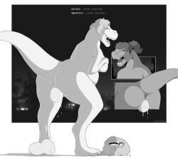2023 anthro anus artist_name ass biped blurred_background bodily_fluids border breasts butt_close-up closed_eyes digitigrade dinosaur duo duo_transformation egg egg_from_pussy electronics english_text female genital_fluids genitals hair headgear headphones headset hi_res human_to_anthro koopacap monochrome night nipples non-mammal_breasts non-mammal_hair non-mammal_nipples non-mammal_pussy nude nude_anthro nude_female open_mouth outside oviposition phone_call ponytail pregnant pregnant_anthro pregnant_female prehistoric_species pussy raised_tail reptile rubble scalie sharp_teeth species_transformation standing tail teeth text theropod transformation tyrannosaurid tyrannosauroid tyrannosaurus tyrannosaurus_rex vaginal_fluids white_border wide_crotch