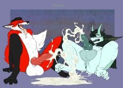 animal_genitalia animal_penis anthro anus asian_mythology balls big_balls black_body blue_body blushing_yokai bodily_fluids canid canine canine_genitalia canine_penis closed_eyes cum cum_pool duo east_asian_mythology ejaculation fox fur genital_fluids genitals giant_sperm hyper japanese_mythology knot knotted_penis looking_pleasured male male/male mammal mythology nude_anthro nude_male open_mouth penis perineum purple_background red_body simple_background sitting tongue tongue_out white_body white_fur yokai