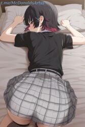 1girl 1girls ai_generated all_fours ass bed_sheet belt black_hair black_shirt blush colored_inner_hair commentary_request ear_piercing ellen_joe female female_focus female_only fishnet_thighhighs from_behind grey_skirt hair_ornament hairclip looking_at_viewer looking_back lying multicolored_hair on_bed piercing pillow pillow_grab plaid plaid_skirt pleated_skirt red_eyes red_hair shirt shirt_tucked_in short_hair short_sleeves skirt solo solo_female solo_focus stable_diffusion straight thighhighs top-down_bottom-up two-tone_hair zelanell zenless_zone_zero