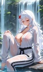 1girls ai_generated breasts closed_eyes clothed_sex erispheria exposed_breasts female female_focus focus huge_breasts karate_gi long_hair red_eyes sexy_clothing sexy_pose sweat twitch twitter virtual_youtuber visible_nipples voluptuous_female vtuber white_hair youtube