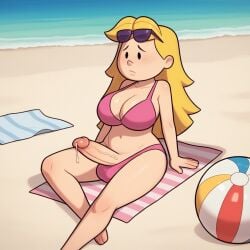 aged_up ai_generated beach beach_ball big_breasts bikini blonde_hair clifford_the_big_red_dog emily_elizabeth erection eyewear_on_head futanari intersex long_hair older pbskids penis solo solo_futa sunglasses