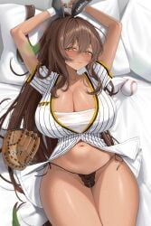 arms_up ball baseball baseball_(object) baseball_mitt baseball_uniform bed_sheet black_panties blurry blush bokeh breasts brown_hair cleft_of_venus closed_mouth commentary_request dark-skinned_female dark_skin depth_of_field female goddess_of_victory:_nikke hair_between_eyes highres large_breasts long_hair looking_at_viewer lying meraring navel no_pants noir_(baseball_cheerleader)_(nikke) noir_(nikke) official_alternate_costume official_alternate_hairstyle on_back on_bed panties ponytail pussy pussy_cutout shirt short_sleeves side-tie_panties solo sportswear stomach striped_clothes striped_shirt sweat thighs thong underwear vertical-striped_clothes vertical-striped_shirt very_long_hair white_shirt yellow_eyes