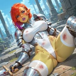 ai_generated areola areola_bulge areola_slip areolae areolae_slip armor big_lips blood blood_stain blue_eyes bruise_on_face bruised bruises defeated defeated_heroine female female_focus female_knight female_only freckles freckles_on_face holding_weapon mascara mozag_(rodinsinker) navel nipples_visible_through_clothing orc orc_female original_character panties puffy_pussy pussy_floss red_hair rodinsinker solo solo_female spread_legs sword
