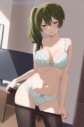1female 1girl 1girls ai_generated black_pantyhose blush bow bow_bra bow_panties bra breasts cleavage clothes_pull collarbone commentary_request contrapposto disgust disgusted female female_focus female_solo green_bra green_hair green_panties hair_between_eyes indoors large_breasts long_hair looking_at_viewer medium_breasts navel panties pantyhose pantyhose_pull parted_lips purple_eyes side_ponytail solo sousou_no_frieren stable_diffusion standing stomach sweatdrop television ubel_(sousou_no_frieren) underwear underwear_only wooden_floor zelanell