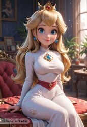 ai_generated artist_name blonde_hair blue_eyes blurry blurry_background book breasts brooch closed_mouth couch crown dress earrings eyelashes female gem indoors jewelry large_breasts light_particles lips long_dress long_hair long_sleeves looking_at_viewer mario_(series) medium_breasts nintendo patreon_username plant princess_peach red_gemstone sitting smile solo sphere_earrings super_mario_bros. super_mario_bros._(2023_film) taut_clothes taut_dress web_address white_dress window xadrid