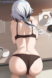 1female 1girl 1girls ai_generated all_fours arlecchino_(genshin_impact) ass ass_focus back bare_shoulders bent_over black_bra black_hair black_panties bra coffee coffee_cup coffee_mug commentary_request cup female female_focus female_only from_above from_behind genshin_impact long_hair low_ponytail mug multicolored_hair panties saucer solo stable_diffusion streaked_hair table two-tone_hair underwear underwear_only white_hair wooden_table zelanell