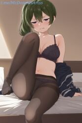 1female 1girl 1girls ai_generated bed black_bra black_panties black_pantyhose blue_jacket blush bow bow_bra bow_panties bra breasts cleavage clenched_teeth commentary_request feet female female_focus female_solo foot_out_of_frame green_hair gusset hair_between_eyes half-closed_eyes indoors jacket knee_up legs long_hair looking_at_viewer medium_breasts navel no_shoes on_bed panties panties_under_pantyhose pantyhose pillow purple_eyes side_ponytail sitting solo sousou_no_frieren stable_diffusion stomach sweat thighband_pantyhose toes ubel_(sousou_no_frieren) underwear zelanell
