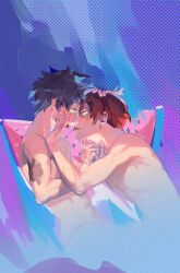 abs bare_hips boku_no_hero_academia freckles green_hair izuku_midoriya looking_at_another midoriya_izuku my_hero_academia nude pectorals red_hair scar shouto_todoroki sugyomi tododeku todoroki_shoto tougue white_hair yaoi