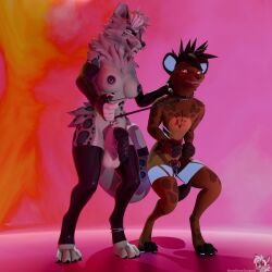 4k abstract_background absurd_res anthro balls belly_nipples black_body black_fur blender_(artwork) blender_eevee blue_body blue_fur breasts brown_body brown_fur chastity_cage chastity_device clothing collar cuff_(restraint) dan_(dantheyeen) digital_media_(artwork) dominant dominant_gynomorph dominant_intersex duo duo_focus eye_contact felid fur futanari genitals gloves grin group gynomorph handcuffed handcuffs handwear hi_res hyena intersex intersex/male latex latex_clothing latex_gloves latex_handwear latex_legwear latex_thigh_highs leash leash_pull leashed_collar leashed_male legwear licking licking_lips looking_at_another male mammal metal_cuffs multi_nipple nervous_smile nipples pantherine purple_body purple_fur restraints smile snow_leopard somesnowleopard submissive submissive_male thigh_highs tongue tongue_out white_body white_fur