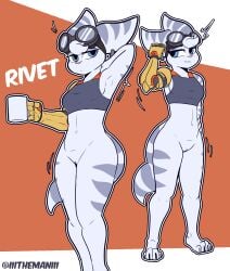 2025 4_toes 5_fingers absurd_res anthro blue_eyes bottomless bottomless_anthro bottomless_female breasts claws clothed clothed_anthro clothed_female clothing container cup digital_media_(artwork) eyewear feet female fingers front_view fur genitals goggles hi_res holding_container holding_cup holding_mug holding_object lombax looking_at_viewer mammal mug partially_clothed partially_clothed_anthro partially_clothed_female prosthetic prosthetic_arm prosthetic_limb pussy ratchet_and_clank rivet_(ratchet_and_clank) smile solo sony_corporation sony_interactive_entertainment standing tail the_man toe_claws toes topwear topwear_only white_body white_fur white_tail