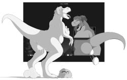 2023 absurd_res anthro anus artist_name ass big_breasts biped blurred_background bodily_fluids border breasts butt_close-up closed_eyes digitigrade dinosaur duo duo_transformation egg egg_from_pussy electronics english_text female genital_fluids genitals hair headgear headphones headset hi_res human_to_anthro koopacap looking_pleasured monochrome night nipples non-mammal_breasts non-mammal_hair non-mammal_nipples non-mammal_pussy nude nude_anthro nude_female open_mouth outside oviposition phone_call ponytail pregnant pregnant_anthro pregnant_female prehistoric_species pussy pussy_juice_string raised_tail reptile rubble scalie sharp_teeth species_transformation standing tail teeth text theropod tongue tongue_out transformation tyrannosaurid tyrannosauroid tyrannosaurus tyrannosaurus_rex vaginal_fluids white_border wide_crotch