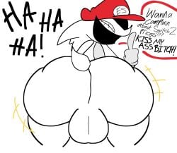 2025 afterdarkcircus balls ballsack clapping_ass dialogue dialogue_bubble english_dialogue english_text exeg fat_ass insulting_viewer laughing laughing_at_viewer male_only mario_cap middle_finger red_cap sabotage_(exeg) switch_2 thick_ass thick_thighs white_background white_body white_tail