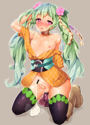 1boy anal androgynous blush boots bottomless censored character_request clothing crossdressing cum dildo erection flower girly green_hair hair_flower hair_ornament heart-shaped_pupils long_hair looking_at_viewer male nipples open_clothes poko_chin sengoku_collection solo stockings symbol-shaped_pupils thighhighs tied_hair trap twintails