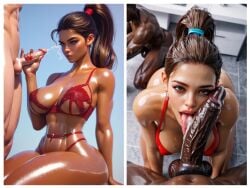 3d ai_generated big_ass big_breasts big_penis blowjob cheating_wife cuckold cum_in_mouth dark-skinned_male femdom fit handjob humiliation latina licking_penis lingerie maria_(spademan) ntr oiled_skin ponytail size_difference small_penis_humiliation tongue_out