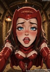 after_sex ai_generated bangs bare_shoulders blue_eyes blush breasts brown_hair cape cleavage clothing cum elbow_gloves female female female_only gloves indoors jousneystudio leotard lips long_hair looking_at_viewer makeup marvel marvel_cinematic_universe marvel_comics medium_breasts open_mouth pussy_juice red_cape red_gloves scarlet_witch semen solo superhero sweat teeth text trembling wanda_maximoff