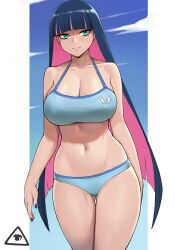 1girls ass_visible_through_thighs bikini bikini_aside blue_eyes blue_hair blue_swimsuit donburi_(donburikazoku) hime_cut large_breasts long_hair midriff multicolored_hair nail_polish navel nipple_bulge nipples_visible_through_clothing panty_&_stocking_with_garterbelt pink_hair solo_female sports_bra stocking_anarchy swimsuit swimwear thick_thighs voluptuous_female