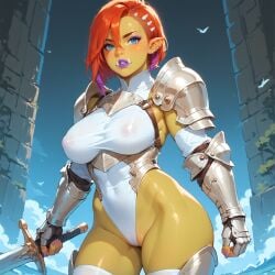ai_generated areola areola_bulge areola_slip areolae areolae_slip armor big_lips blue_eyes female female_focus female_knight female_only freckles freckles_on_face holding_weapon mascara mozag_(rodinsinker) navel nipples_visible_through_clothing orc orc_female original_character panties puffy_pussy pussy_floss red_hair rodinsinker solo solo_female sword