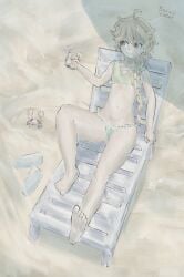 aether_(genshin_impact) beach big_ass big_thighs bikini cocktail crossdressing eyelashes femboy genshin_impact laying_down long_hair male male_only penis_in_panties sunbathing topwear