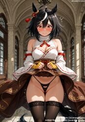 ahoge ai_generated animal_ears ass_visible_through_thighs bangs bare_shoulders black_clothes black_hair black_legwear black_panties black_skirt black_thighhighs black_underwear blush breasts brown_skirt brown_thighhighs cleavage cleavage_cutout closed_mouth clothes_lift clothes_pull clothing detached_sleeves embarrassed female female female_only fingerless_gloves gloves groin hair_between_eyes hair_ornament horse_ears horse_girl horse_tail indoors jousneystudio kitasan_black_(uma_musume) kitasan_black_(umamusume) large_breasts legwear lifted_by_self long_sleeves looking_at_viewer medium_breasts multicolored_hair navel obi orange_gloves panties pantsu red_eyes red_ribbon sash short_hair side-tie_panties skindentation skirt skirt_lift skirt_pull solo standing streaked_hair sweat tail thighhighs thighs traditional_clothes uma_musume_-_pretty_derby umamusume umamusume_pretty_derby underwear wafuku white_hair wide_sleeves yellow_gloves