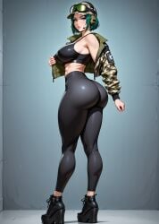 1girls abs ai_generated crop_top ela_(rainbow_six) female green_hair headset_microphone headwear high_heels jacket short_hair tight_clothing yoga_pants