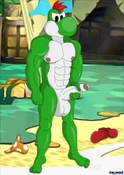 1boy anthro balls beach ciel-wolf clothing erection feet footwear furry furry_male furry_only genitals green_yoshi humanoid_genitalia humanoid_penis male male_anthro male_only mario_(series) mario_bros masturbation muscular muscular_anthro muscular_male nintendo nipples nude nude_anthro nude_male paper_mario paper_mario:_the_thousand_year_door penis reptile scalie shoes solo super_mario_bros. the_great_gonzales_jr underwear yoshi