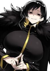 1girls big_breasts binah black_eyes black_hair breasts clothed_female female huge_breasts library_of_ruina lobotomy_corporation mature_female mole mole_under_eye project_moon smug smug_face solo solo_female vvernerluniq white_background
