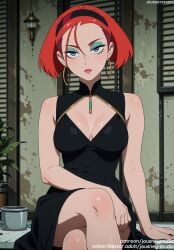 ai_generated annqi bangs bare_shoulders black_dress breasts cleavage cleavage_cutout clothing clothing_cutout crossed_legs dress earrings eyeshadow female female female_only gundam gundam_gquuuuuux hairband headwear hoop_earrings indoors jewelry jousneystudio large_breasts lips lipstick looking_at_viewer makeup medium_breasts mobile_suit_gundam_gquuuuuux parted_lips plant purple_eyes red_hair short_hair sitting sleeveless sleeveless_dress solo window