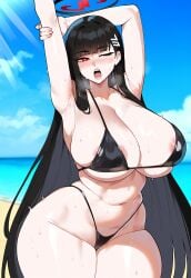 1girls ai_generated ass big_breasts bikini black_hair blue_archive breasts female female_focus halo hips huge_ass huge_breasts large_breasts light-skinned_female navel red_eyes rio_(blue_archive) thick_thighs thighs wide_hips
